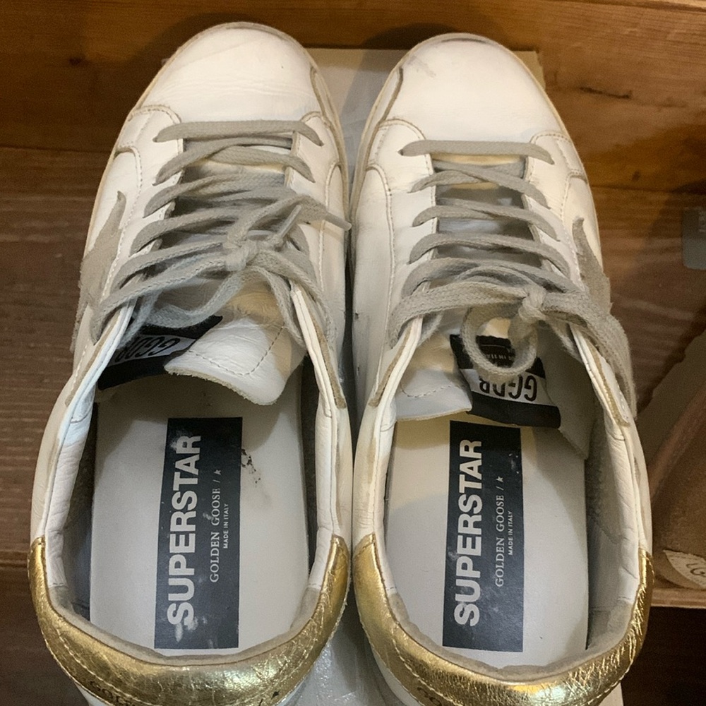 Golden Goose White and Gold Fashion Sneakers